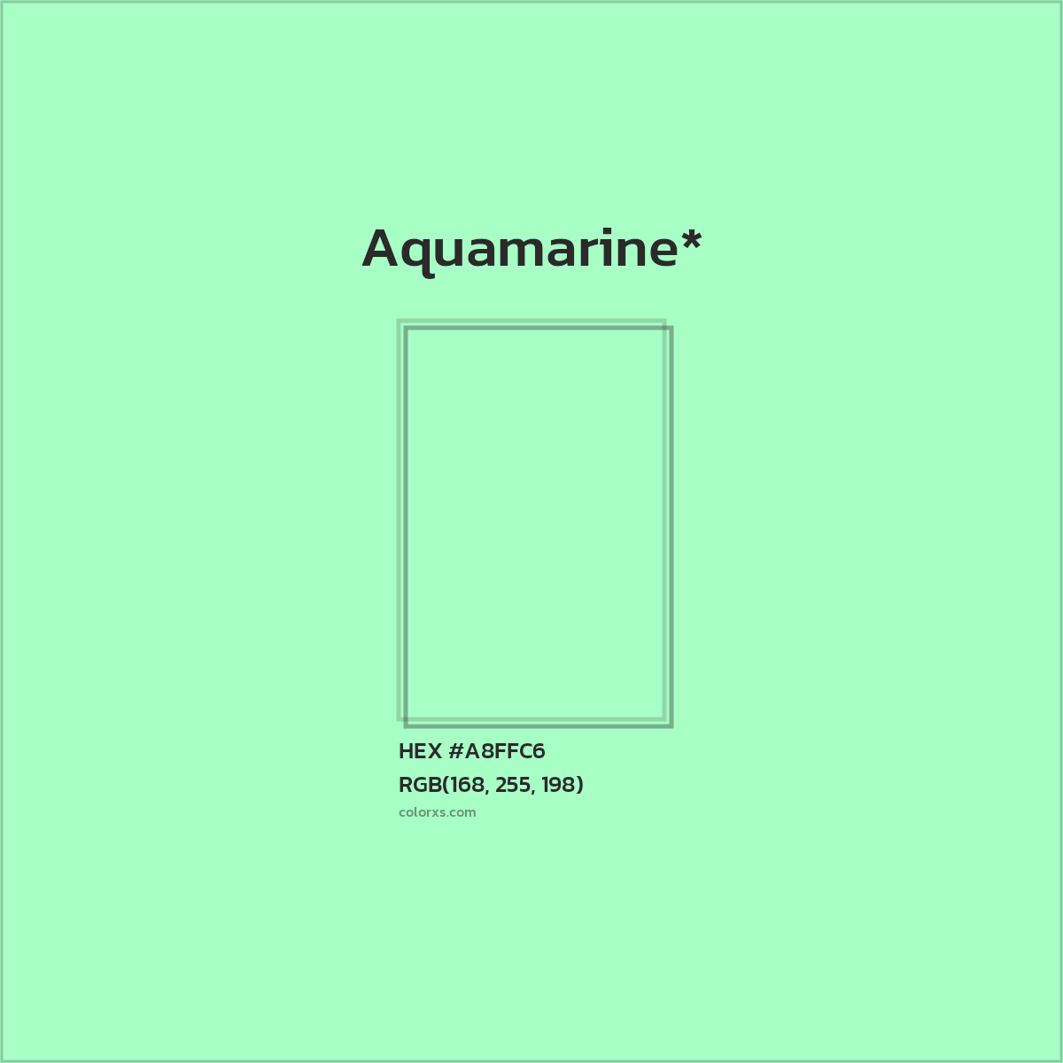 #A8FFC6 hex color. RGB, RYB, CMYK, HSL, HSV codes and color conversions. Matching color names, palettes, paints.