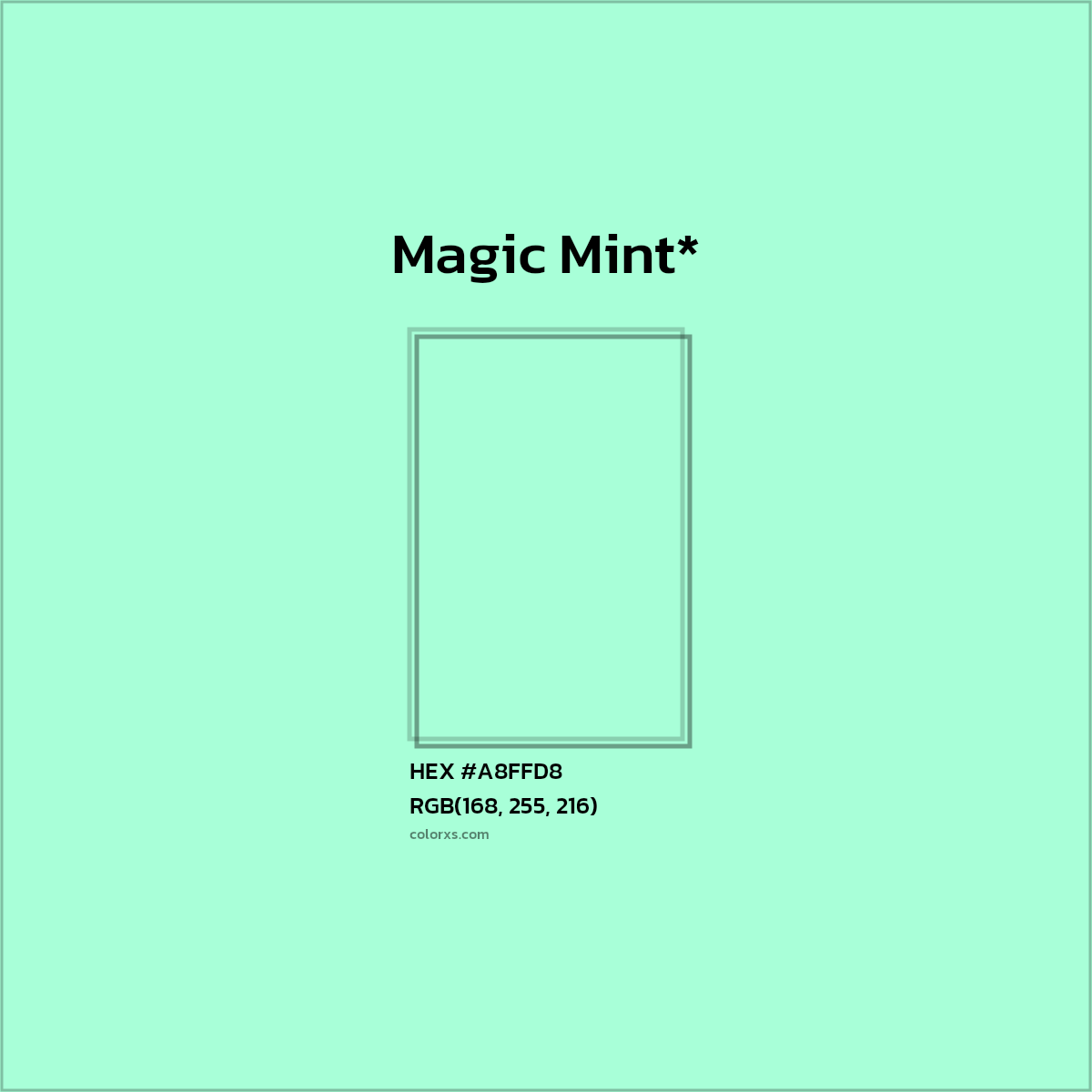 #A8FFD8 hex color. RGB, RYB, CMYK, HSL, HSV codes and color conversions. Matching color names, palettes, paints.