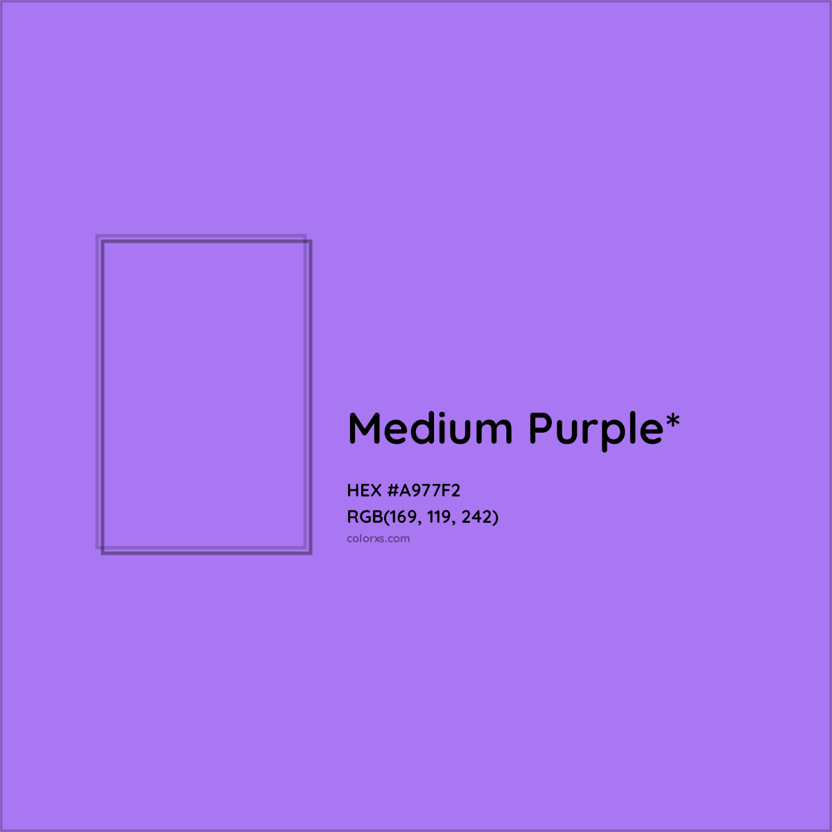 #A977F2 hex color. RGB, RYB, CMYK, HSL, HSV codes and color conversions. Matching color names, palettes, paints.