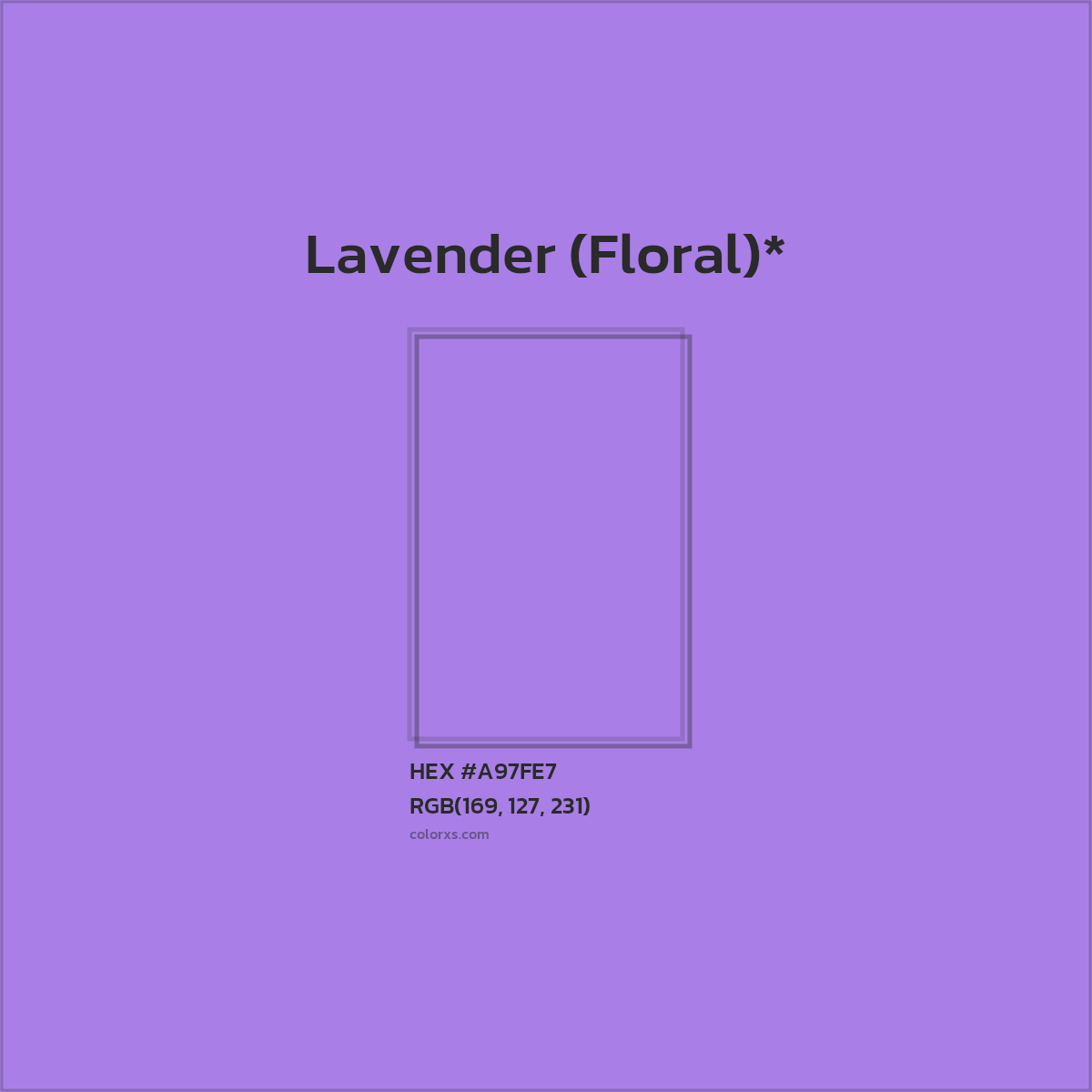 #A97FE7 hex color. RGB, RYB, CMYK, HSL, HSV codes and color conversions. Matching color names, palettes, paints.