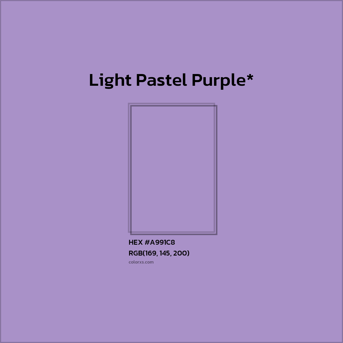 #A991C8 hex color. RGB, RYB, CMYK, HSL, HSV codes and color conversions. Matching color names, palettes, paints.