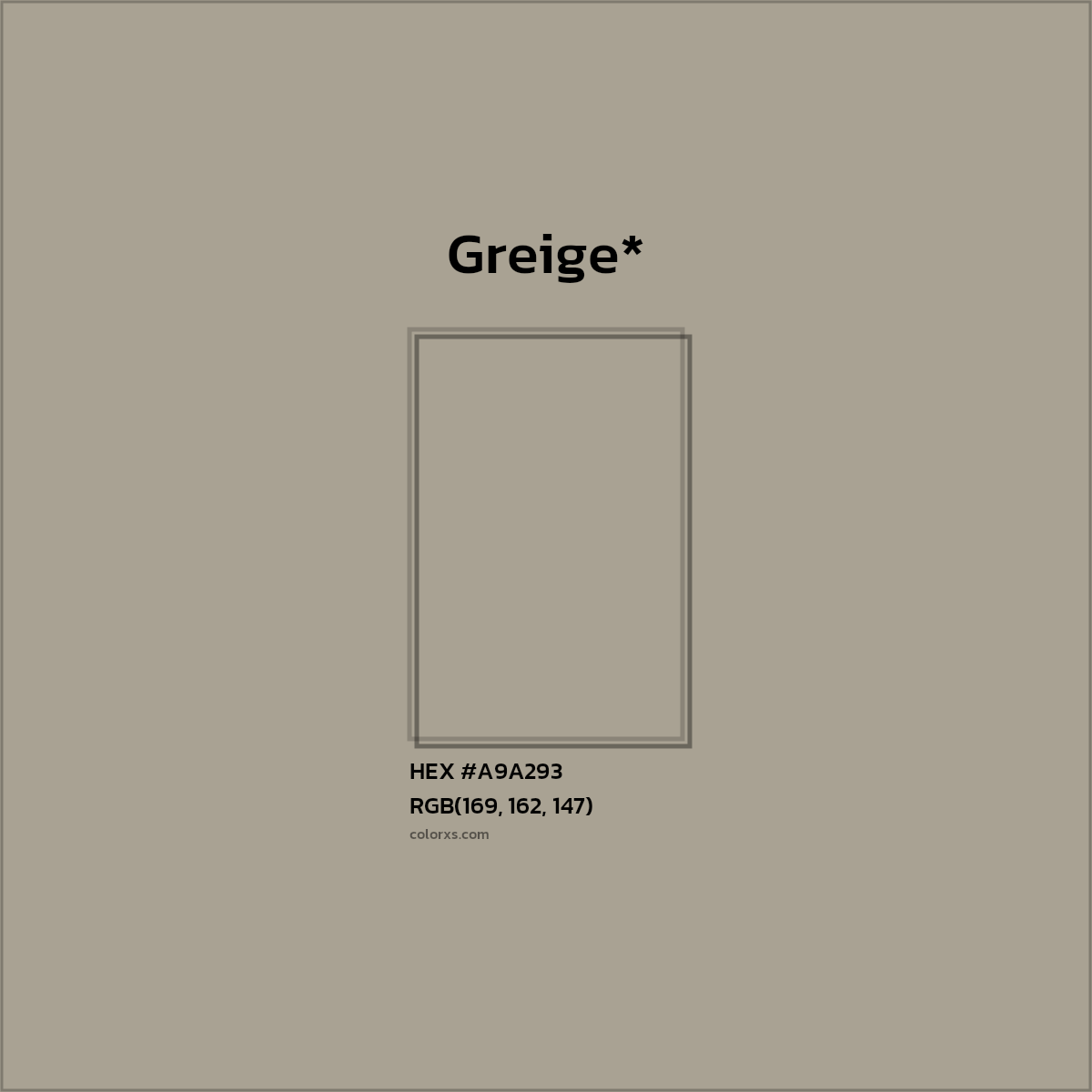 #A9A293 hex color. RGB, RYB, CMYK, HSL, HSV codes and color conversions. Matching color names, palettes, paints.