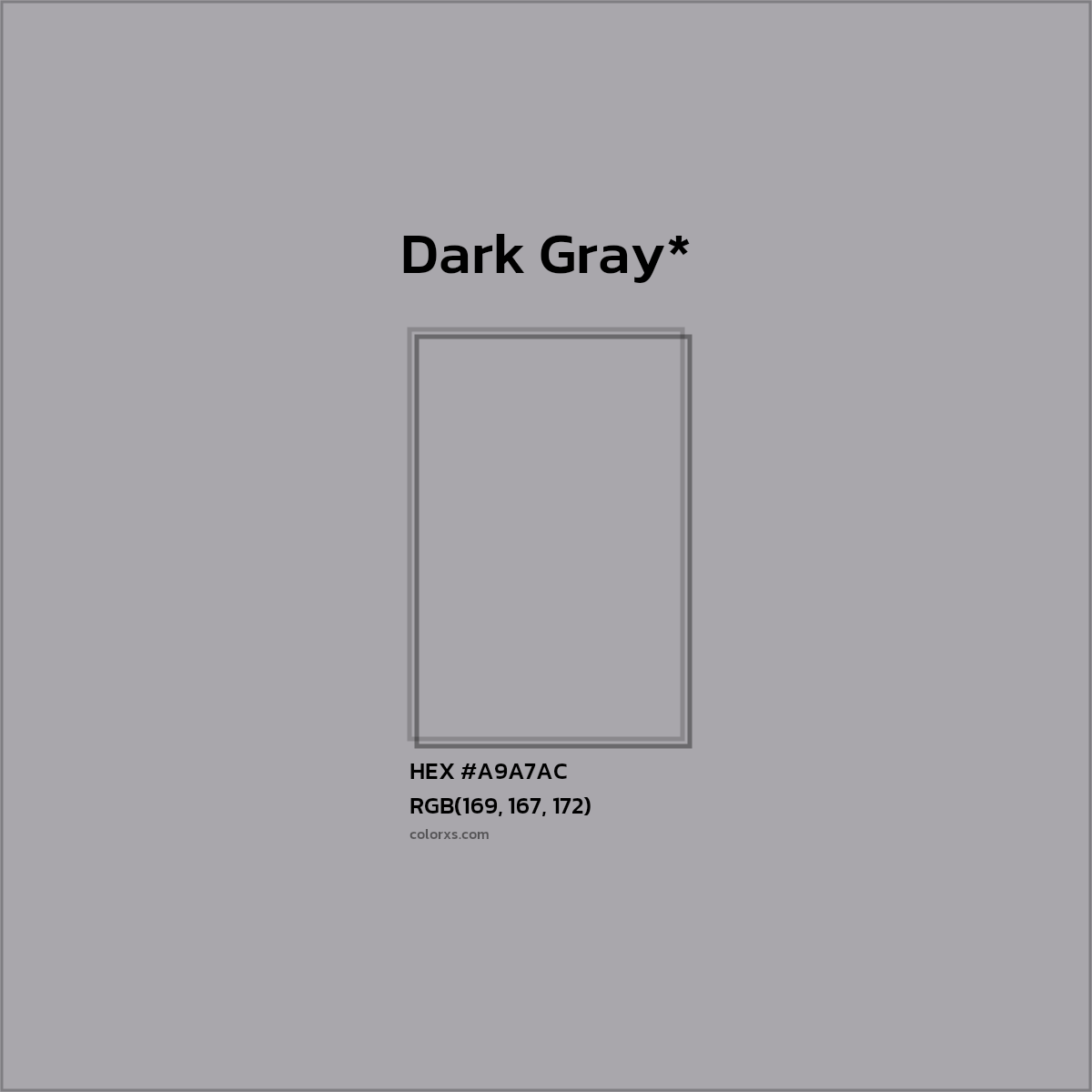 #A9A7AC hex color. RGB, RYB, CMYK, HSL, HSV codes and color conversions. Matching color names, palettes, paints.