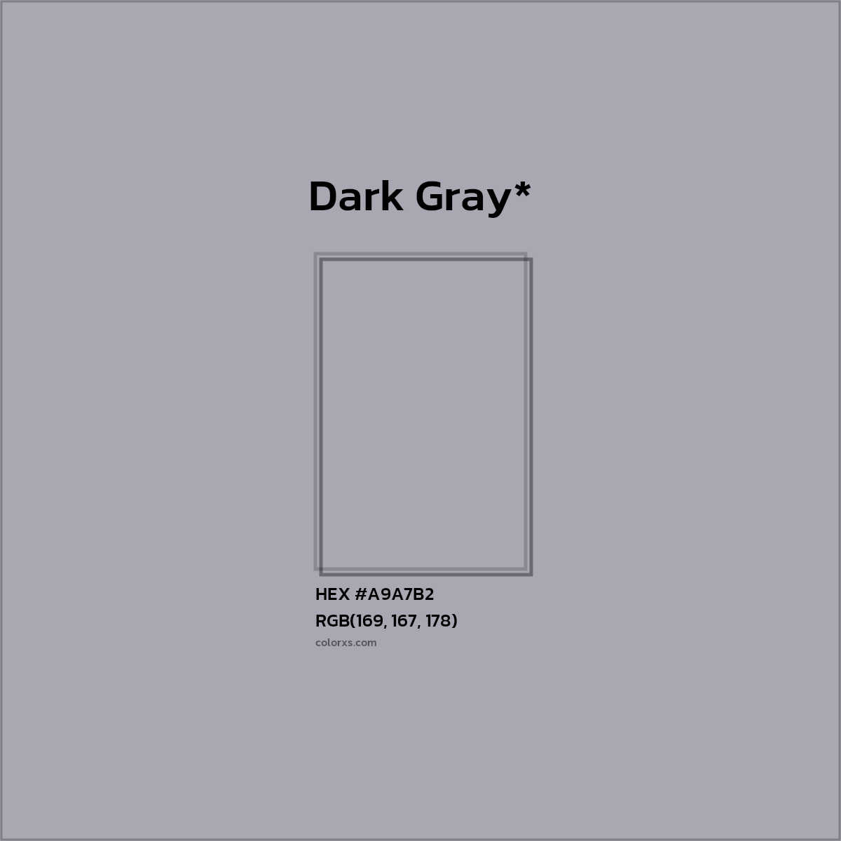 #A9A7B2 hex color. RGB, RYB, CMYK, HSL, HSV codes and color conversions. Matching color names, palettes, paints.