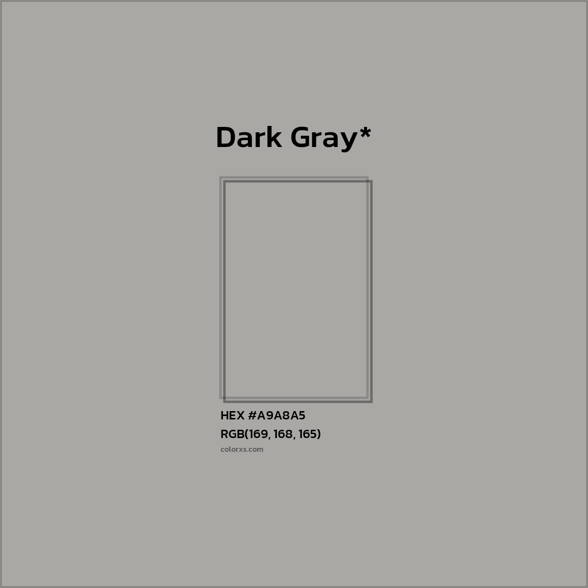 #A9A8A5 hex color. RGB, RYB, CMYK, HSL, HSV codes and color conversions. Matching color names, palettes, paints.