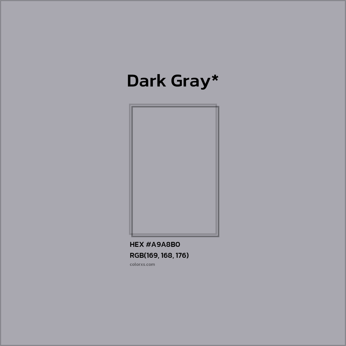 #A9A8B0 hex color. RGB, RYB, CMYK, HSL, HSV codes and color conversions. Matching color names, palettes, paints.