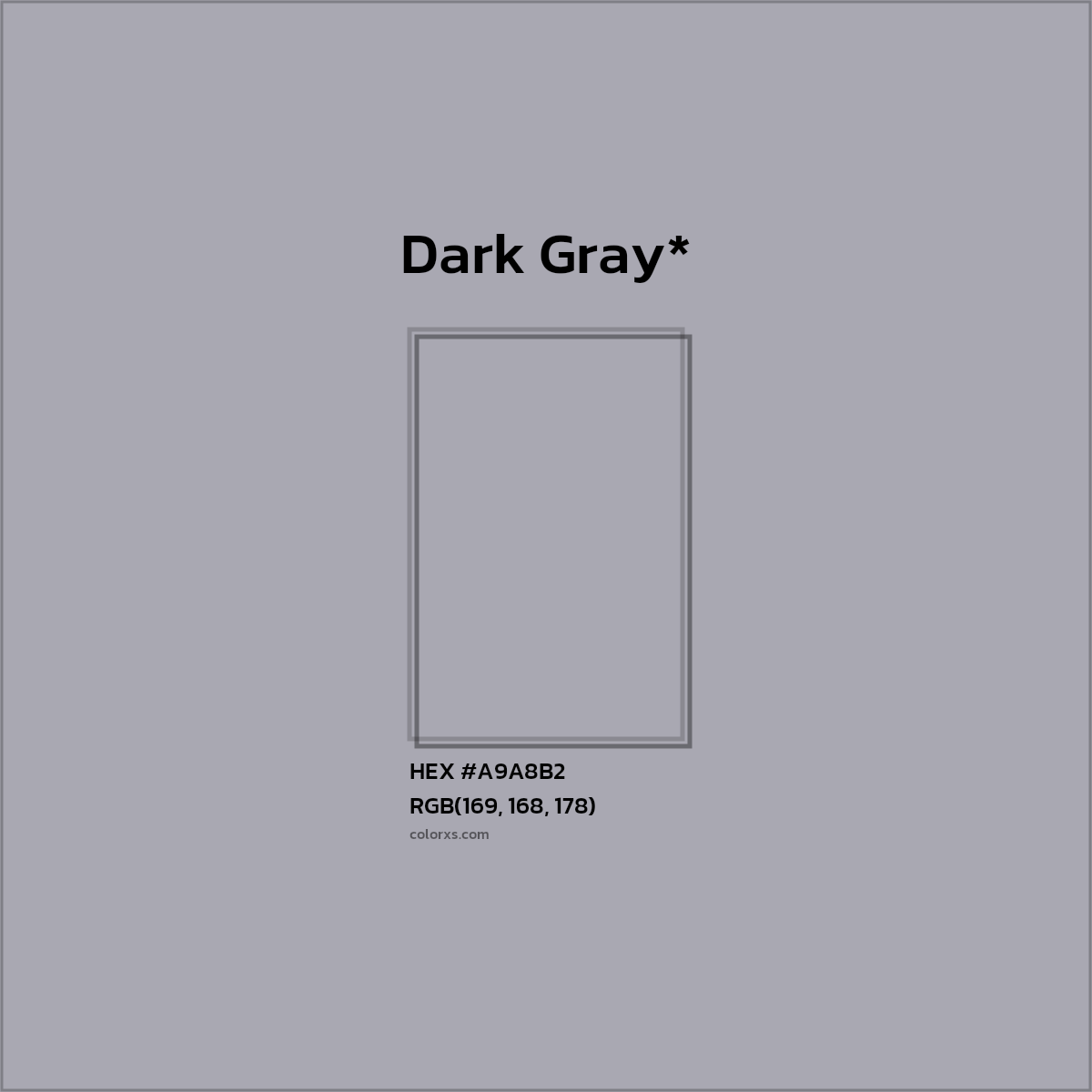 #A9A8B2 hex color. RGB, RYB, CMYK, HSL, HSV codes and color conversions. Matching color names, palettes, paints.