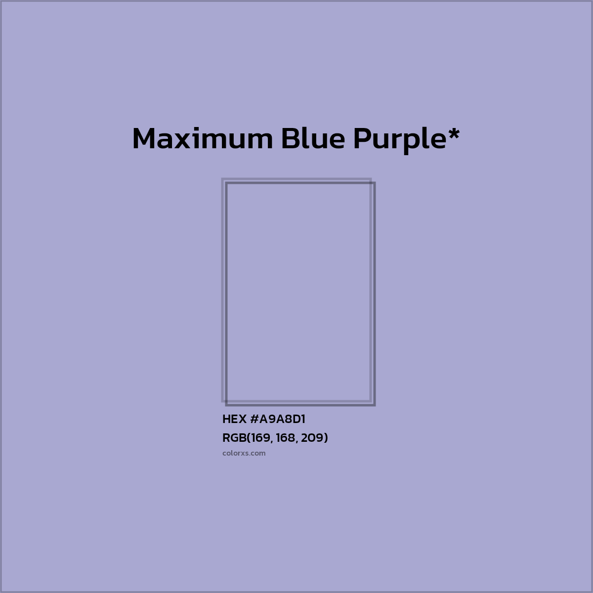 #A9A8D1 hex color. RGB, RYB, CMYK, HSL, HSV codes and color conversions. Matching color names, palettes, paints.