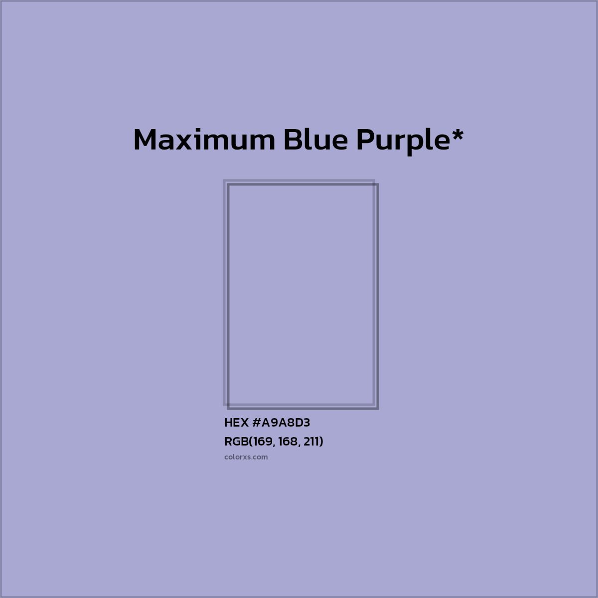 #A9A8D3 hex color. RGB, RYB, CMYK, HSL, HSV codes and color conversions. Matching color names, palettes, paints.