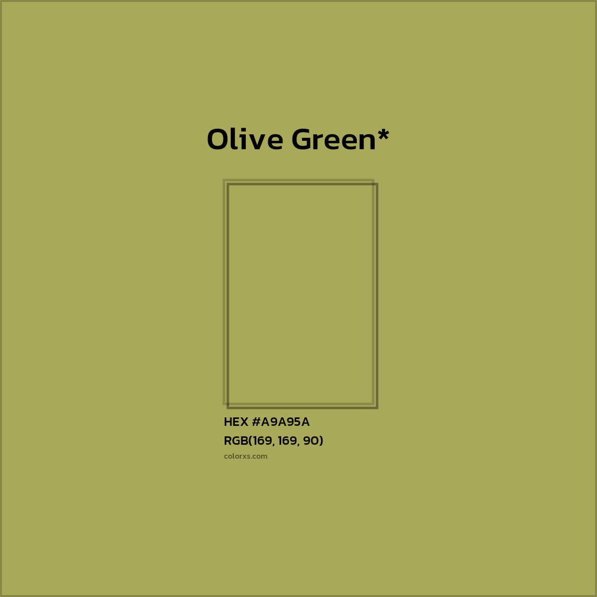 #A9A95A hex color. RGB, RYB, CMYK, HSL, HSV codes and color conversions. Matching color names, palettes, paints.