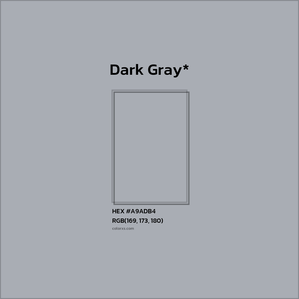 #A9ADB4 hex color. RGB, RYB, CMYK, HSL, HSV codes and color conversions. Matching color names, palettes, paints.