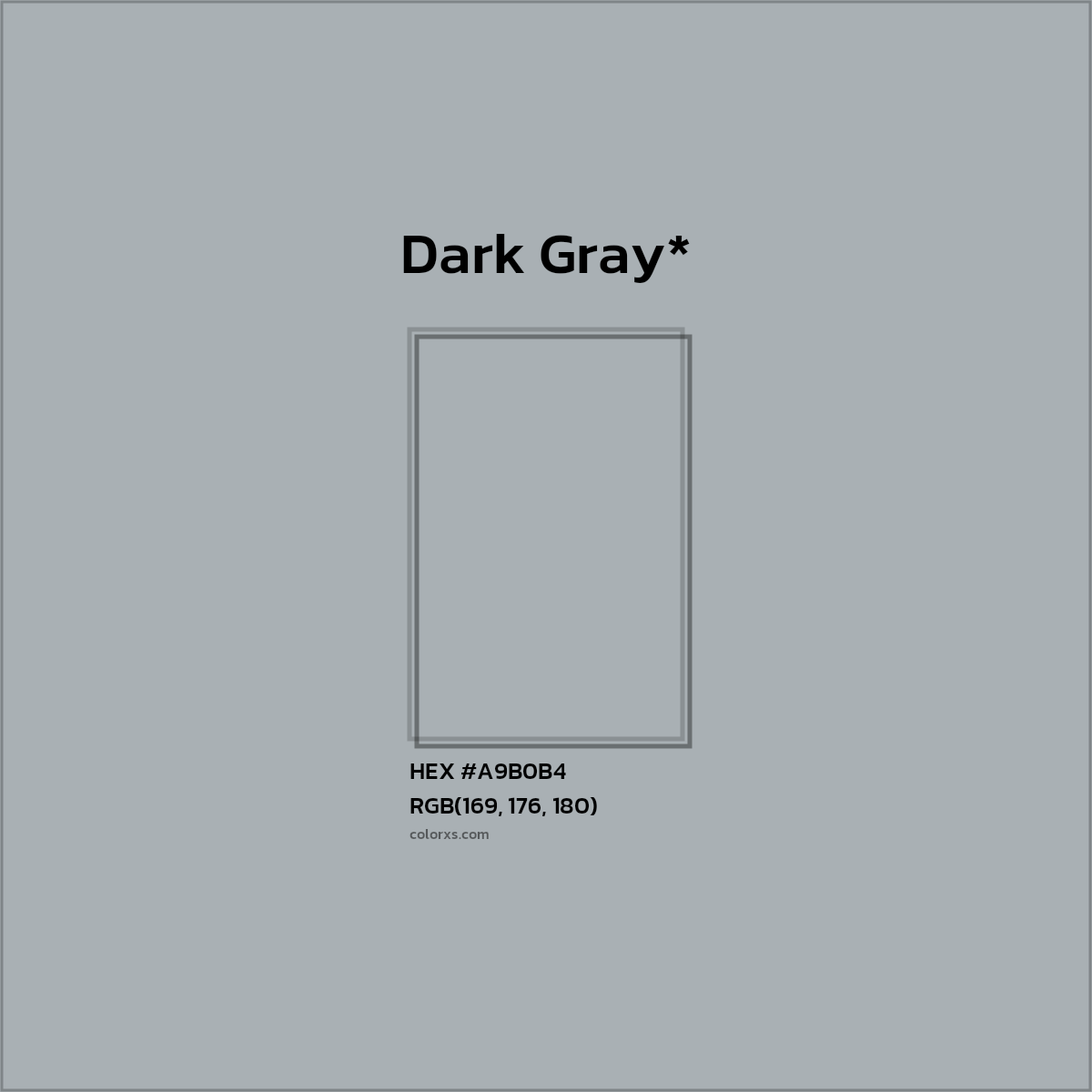 #A9B0B4 hex color. RGB, RYB, CMYK, HSL, HSV codes and color conversions. Matching color names, palettes, paints.