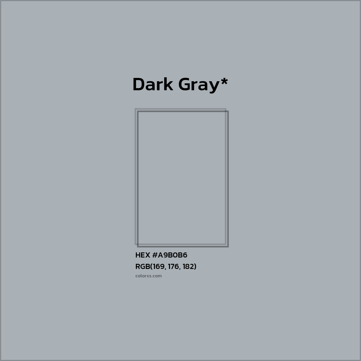 #A9B0B6 hex color. RGB, RYB, CMYK, HSL, HSV codes and color conversions. Matching color names, palettes, paints.