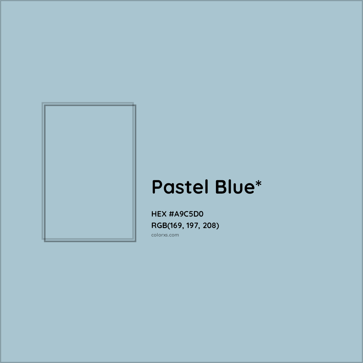 #A9C5D0 hex color. RGB, RYB, CMYK, HSL, HSV codes and color conversions. Matching color names, palettes, paints.