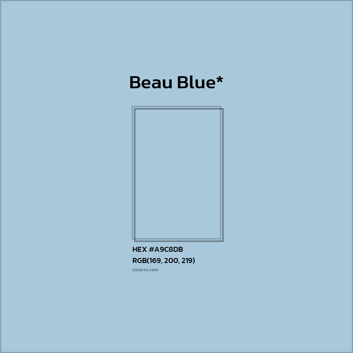 #A9C8DB hex color. RGB, RYB, CMYK, HSL, HSV codes and color conversions. Matching color names, palettes, paints.