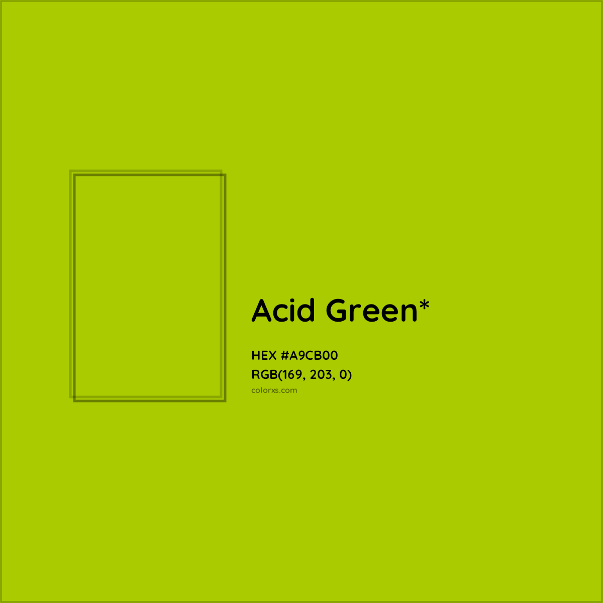 #A9CB00 hex color. RGB, RYB, CMYK, HSL, HSV codes and color conversions. Matching color names, palettes, paints.