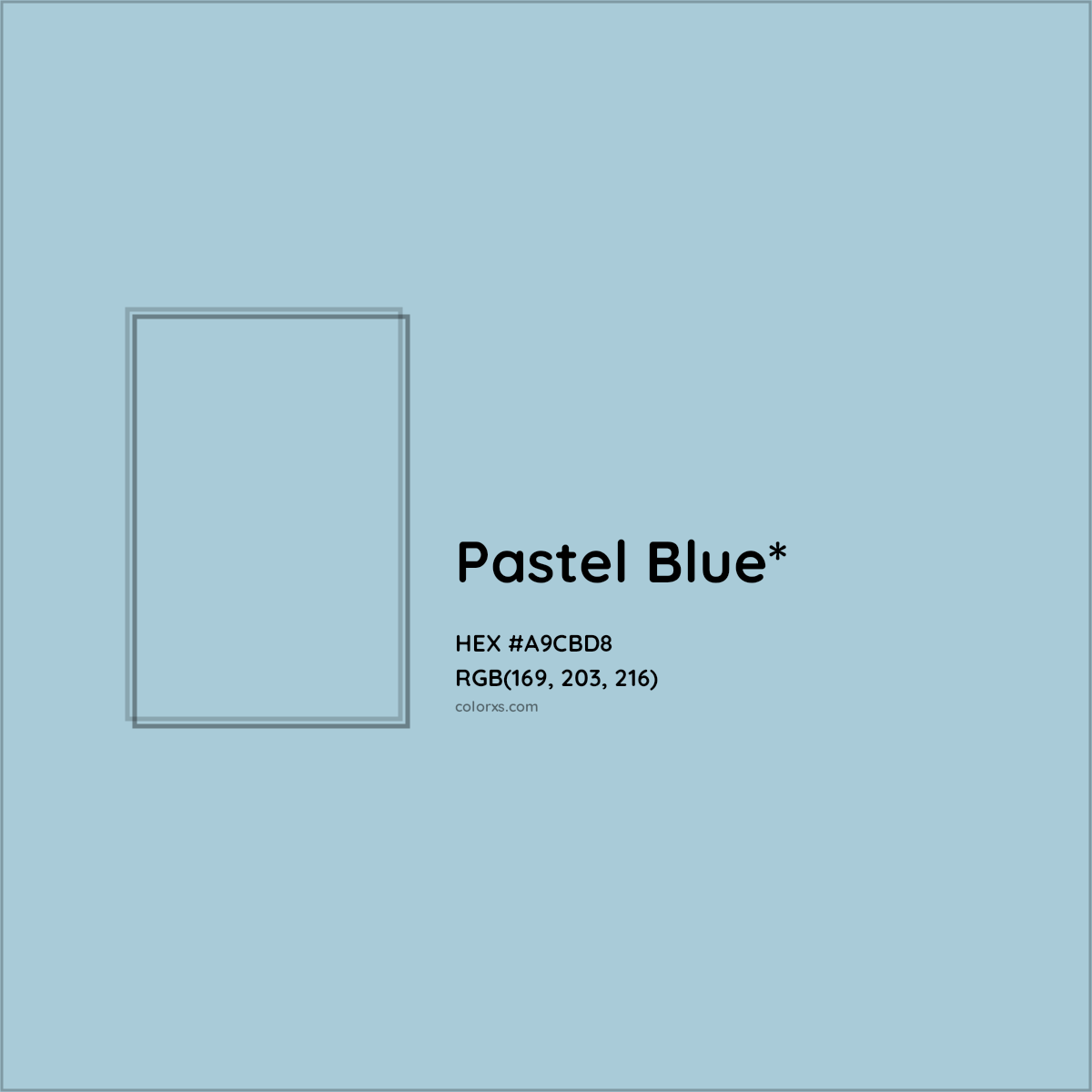 #A9CBD8 hex color. RGB, RYB, CMYK, HSL, HSV codes and color conversions. Matching color names, palettes, paints.