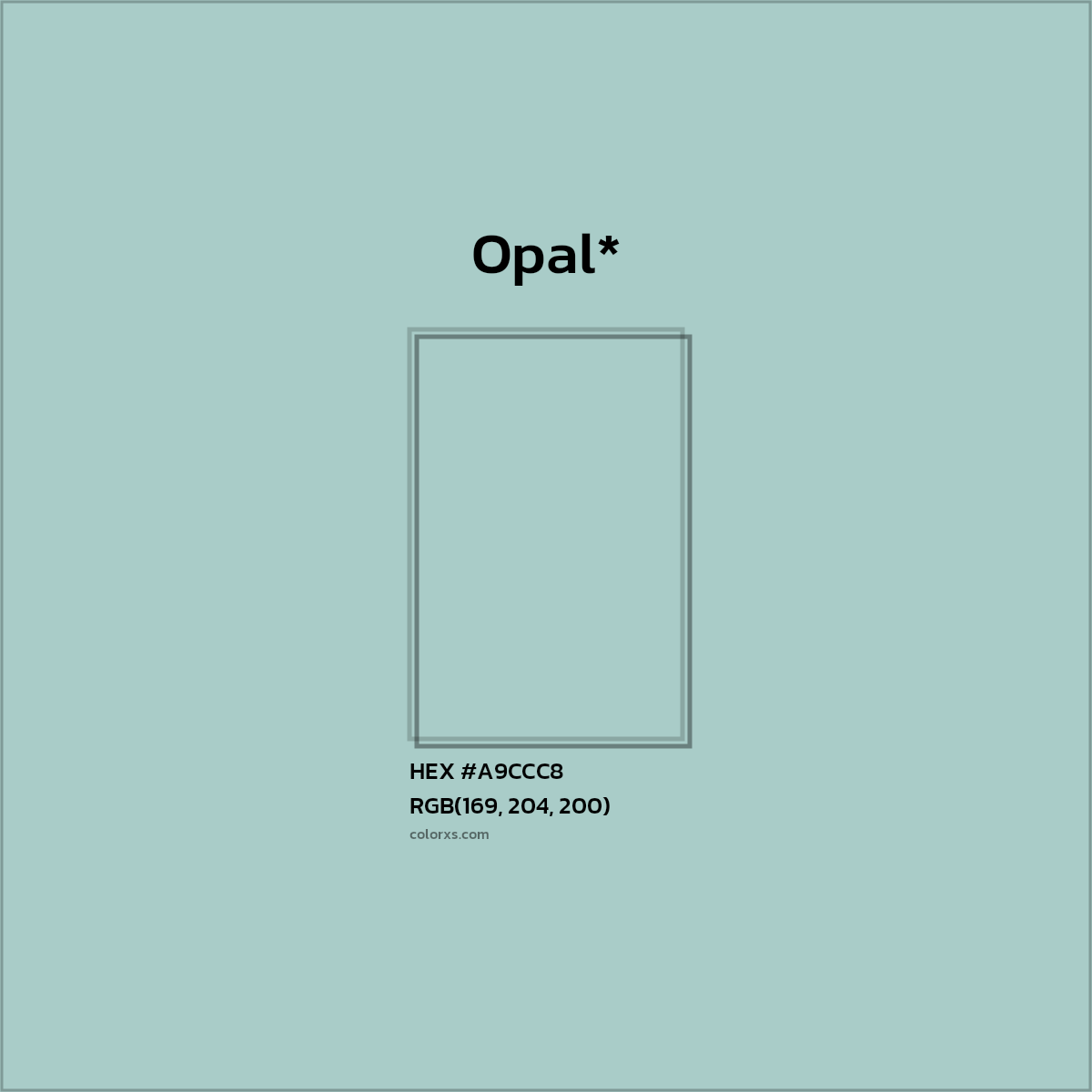 #A9CCC8 hex color. RGB, RYB, CMYK, HSL, HSV codes and color conversions. Matching color names, palettes, paints.