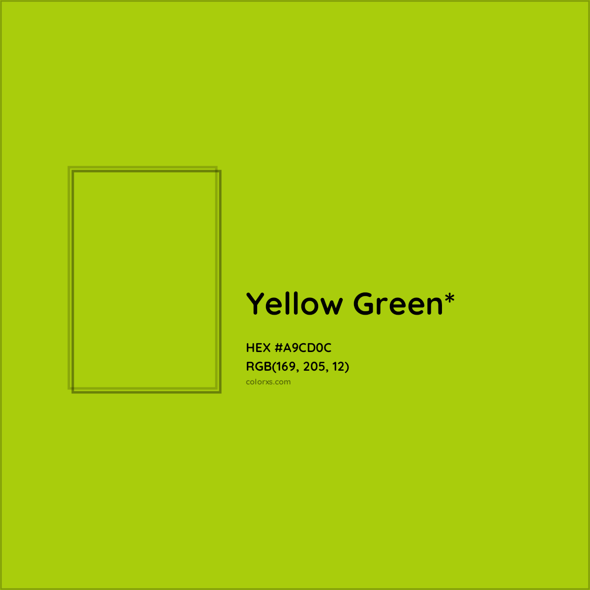 #A9CD0C hex color. RGB, RYB, CMYK, HSL, HSV codes and color conversions. Matching color names, palettes, paints.
