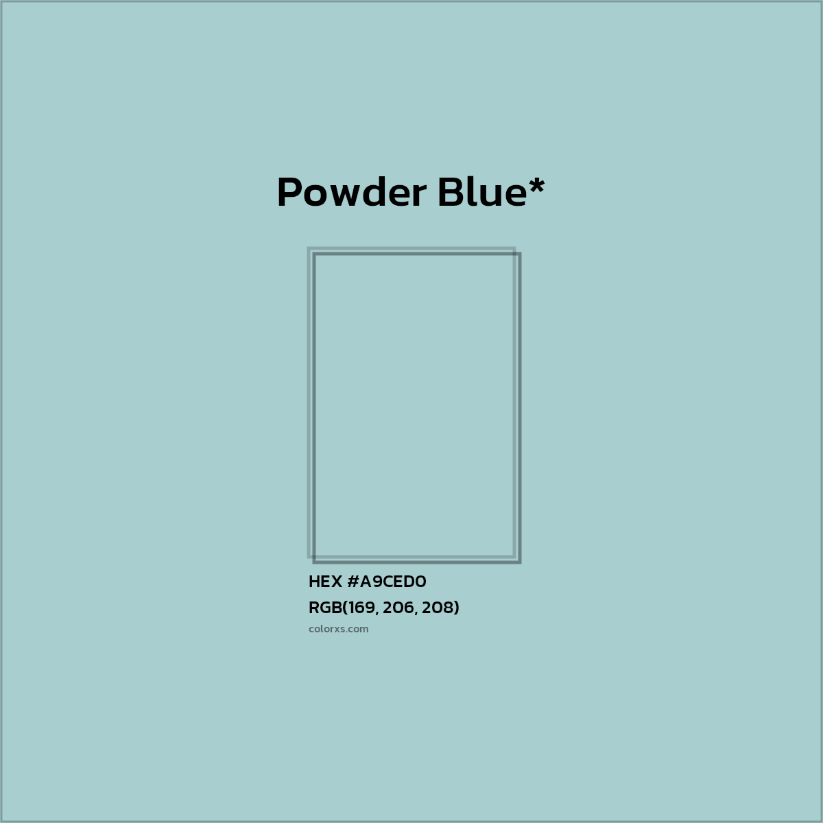 #A9CED0 hex color. RGB, RYB, CMYK, HSL, HSV codes and color conversions. Matching color names, palettes, paints.