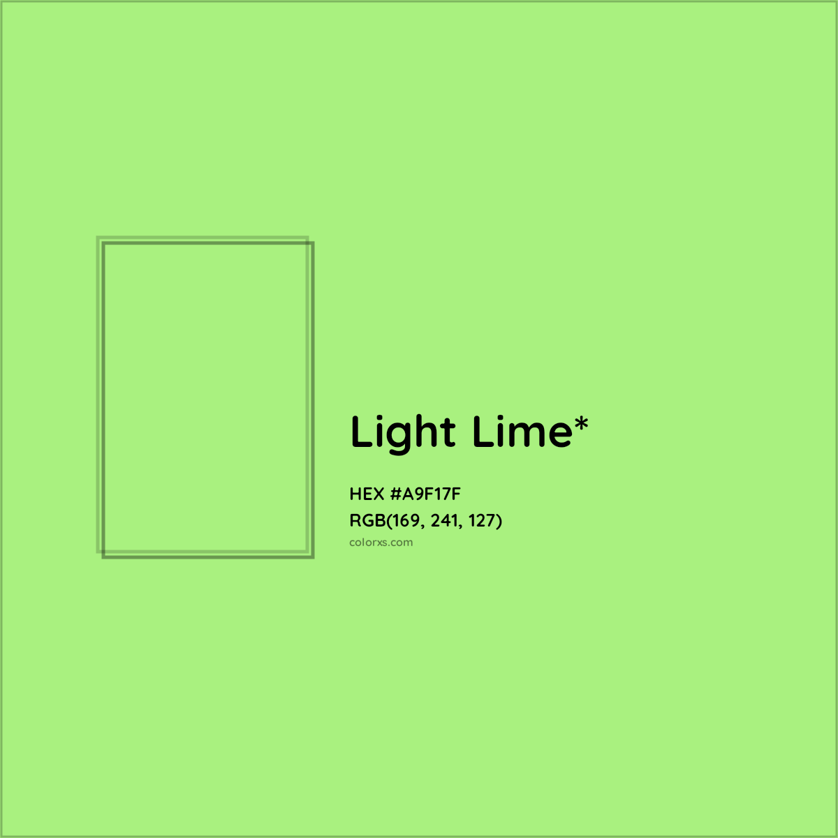 #A9F17F hex color. RGB, RYB, CMYK, HSL, HSV codes and color conversions. Matching color names, palettes, paints.