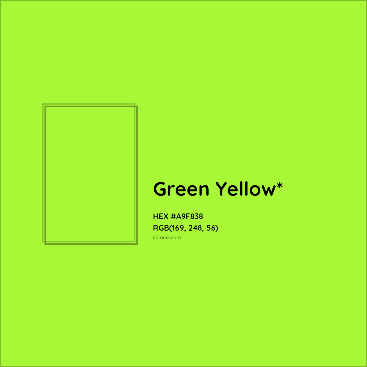 #A9F838 hex color. RGB, RYB, CMYK, HSL, HSV codes and color conversions. Matching color names, palettes, paints.