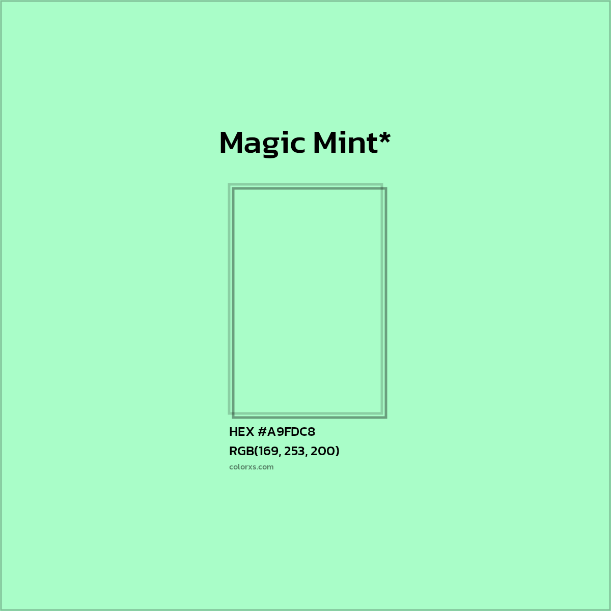 #A9FDC8 hex color. RGB, RYB, CMYK, HSL, HSV codes and color conversions. Matching color names, palettes, paints.