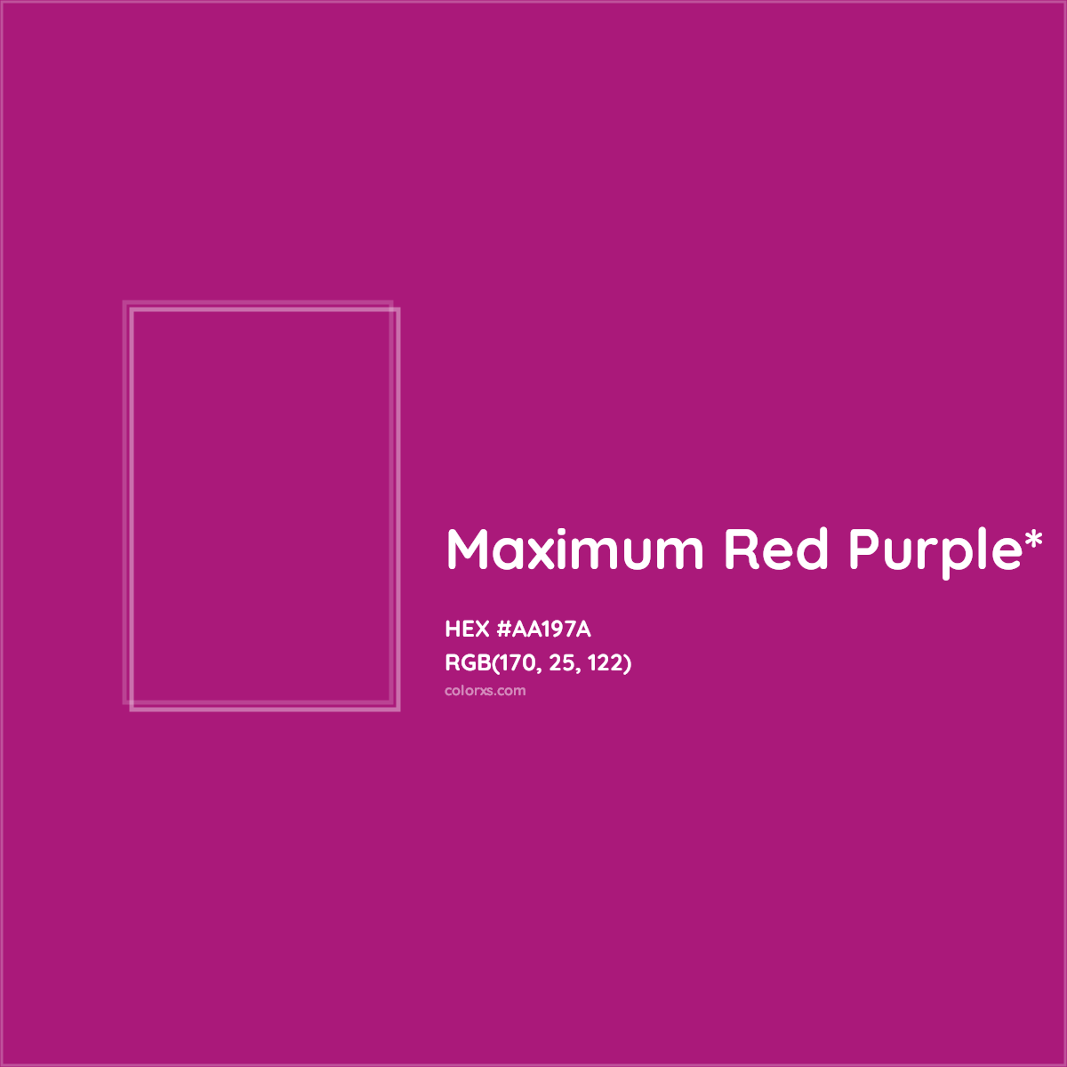#AA197A hex color. RGB, RYB, CMYK, HSL, HSV codes and color conversions. Matching color names, palettes, paints.