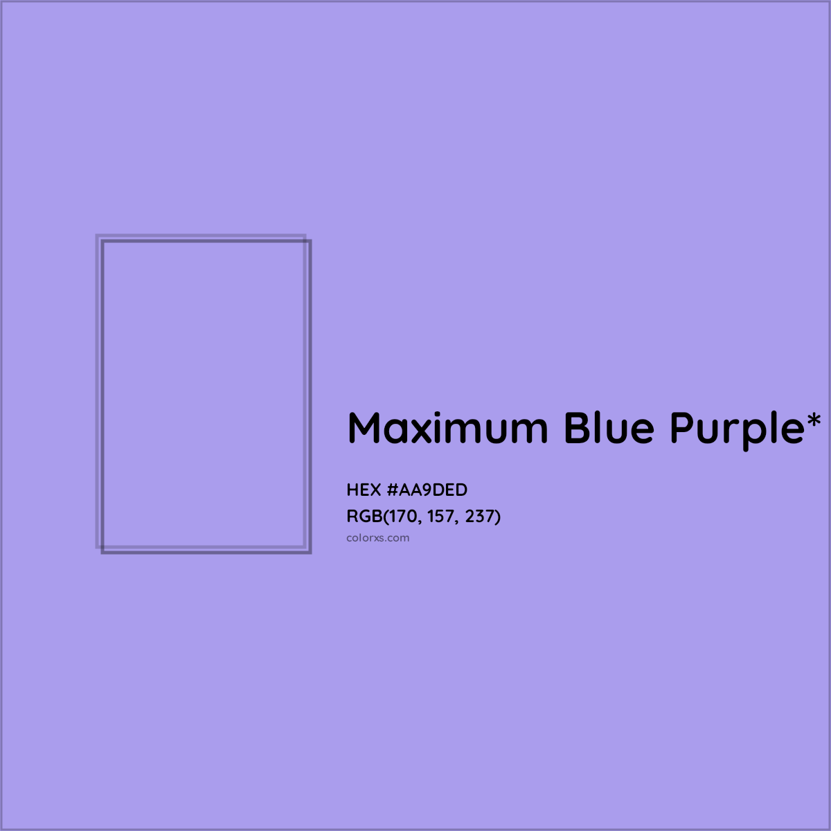 #AA9DED hex color. RGB, RYB, CMYK, HSL, HSV codes and color conversions. Matching color names, palettes, paints.