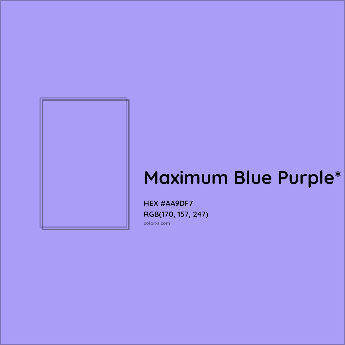 #AA9DF7 hex color. RGB, RYB, CMYK, HSL, HSV codes and color conversions. Matching color names, palettes, paints.
