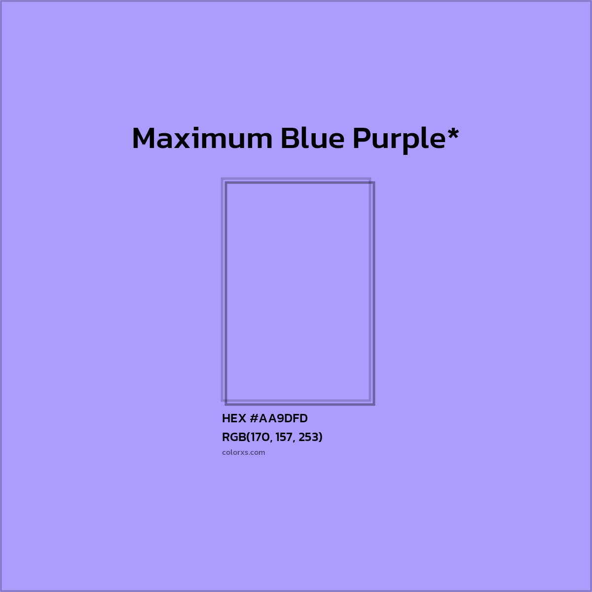 #AA9DFD hex color. RGB, RYB, CMYK, HSL, HSV codes and color conversions. Matching color names, palettes, paints.