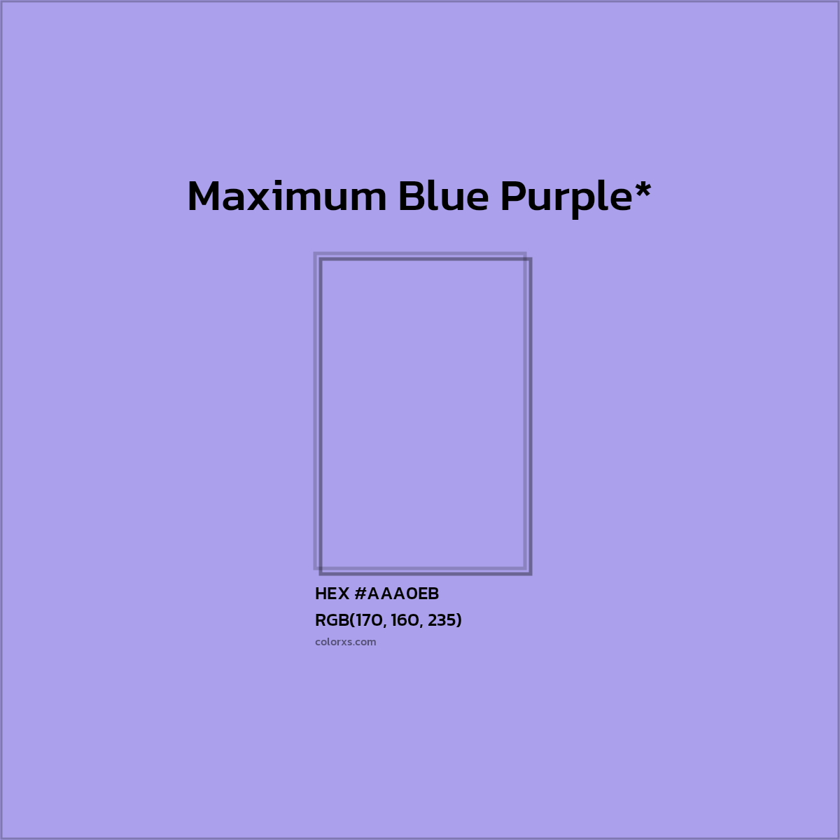 #AAA0EB hex color. RGB, RYB, CMYK, HSL, HSV codes and color conversions. Matching color names, palettes, paints.