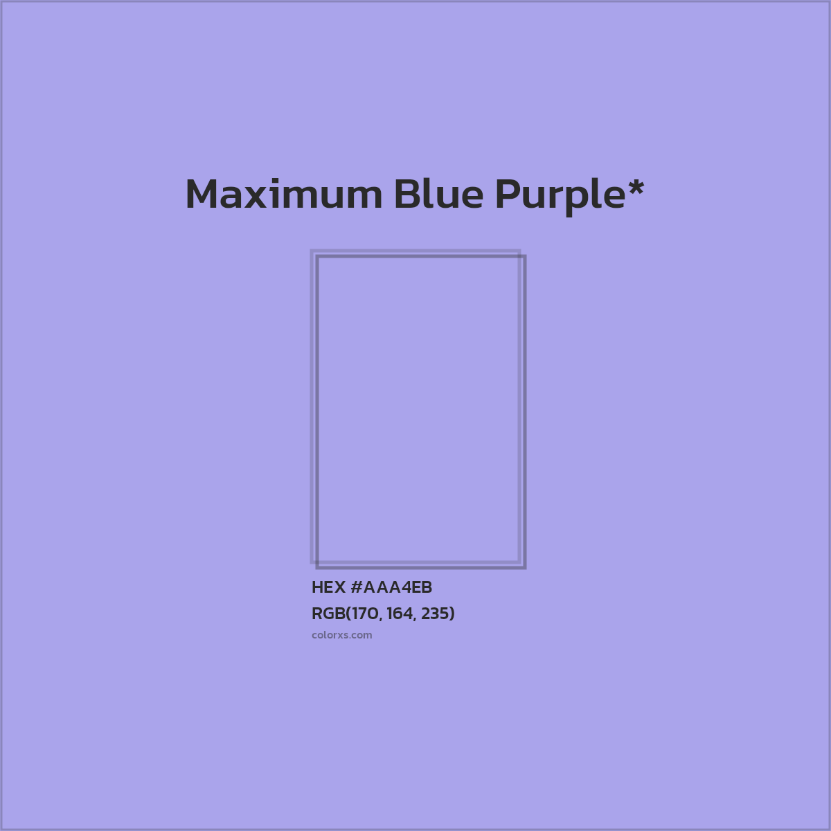 #AAA4EB hex color. RGB, RYB, CMYK, HSL, HSV codes and color conversions. Matching color names, palettes, paints.