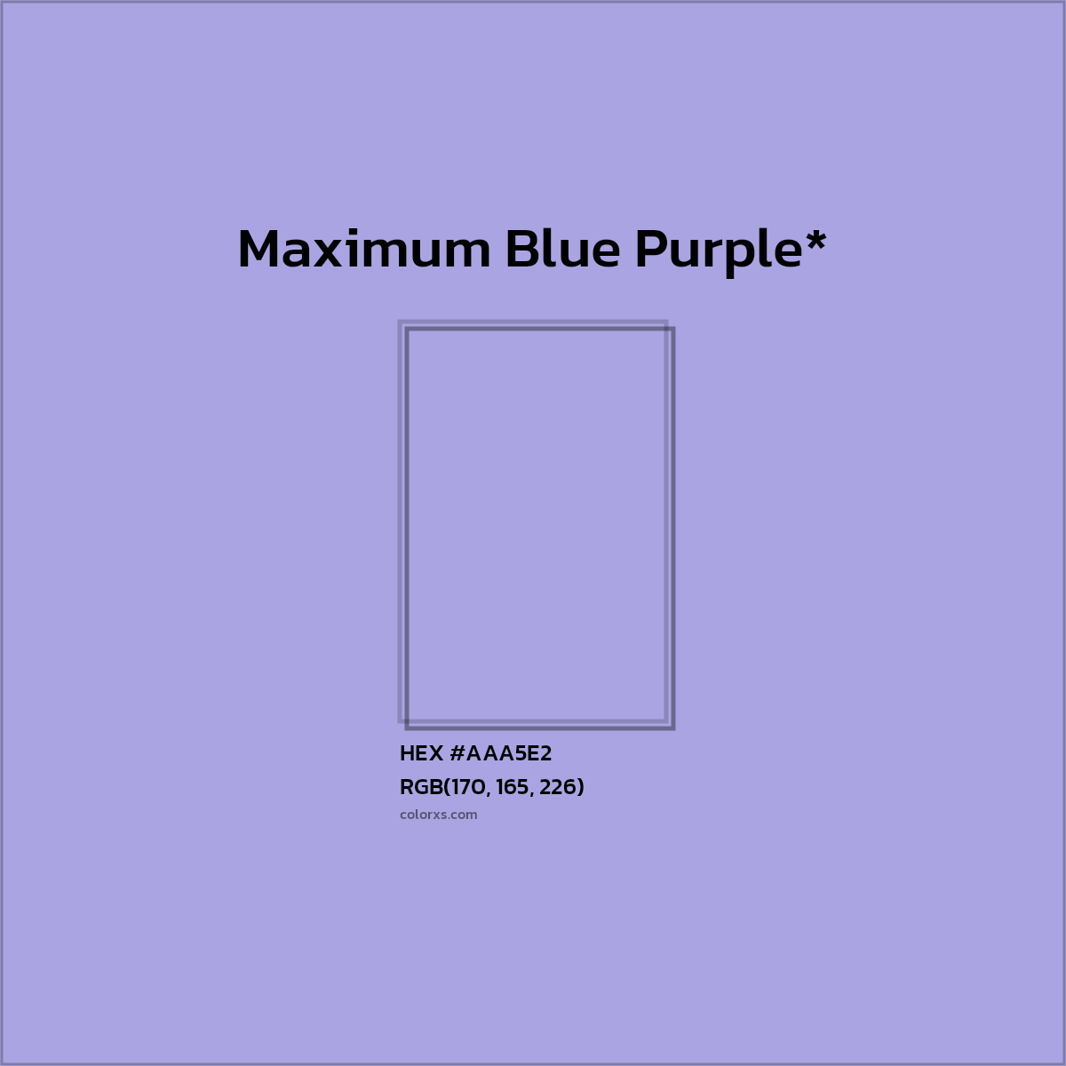 #AAA5E2 hex color. RGB, RYB, CMYK, HSL, HSV codes and color conversions. Matching color names, palettes, paints.