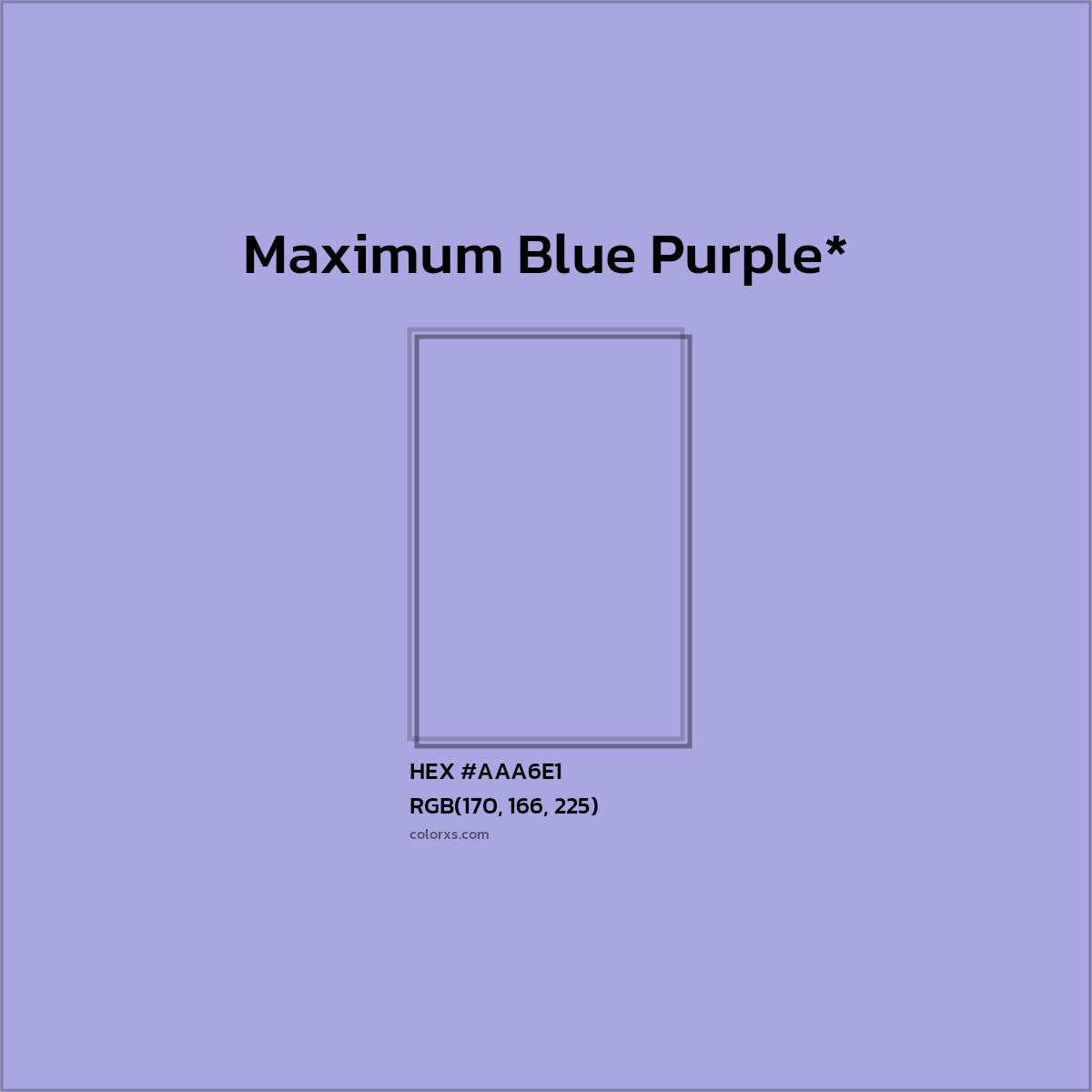 #AAA6E1 hex color. RGB, RYB, CMYK, HSL, HSV codes and color conversions. Matching color names, palettes, paints.