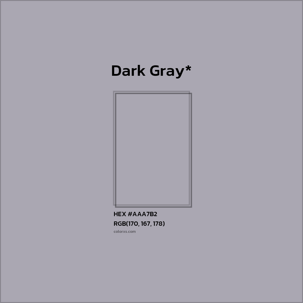 #AAA7B2 hex color. RGB, RYB, CMYK, HSL, HSV codes and color conversions. Matching color names, palettes, paints.