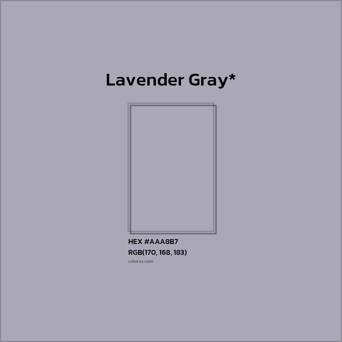 #AAA8B7 hex color. RGB, RYB, CMYK, HSL, HSV codes and color conversions. Matching color names, palettes, paints.