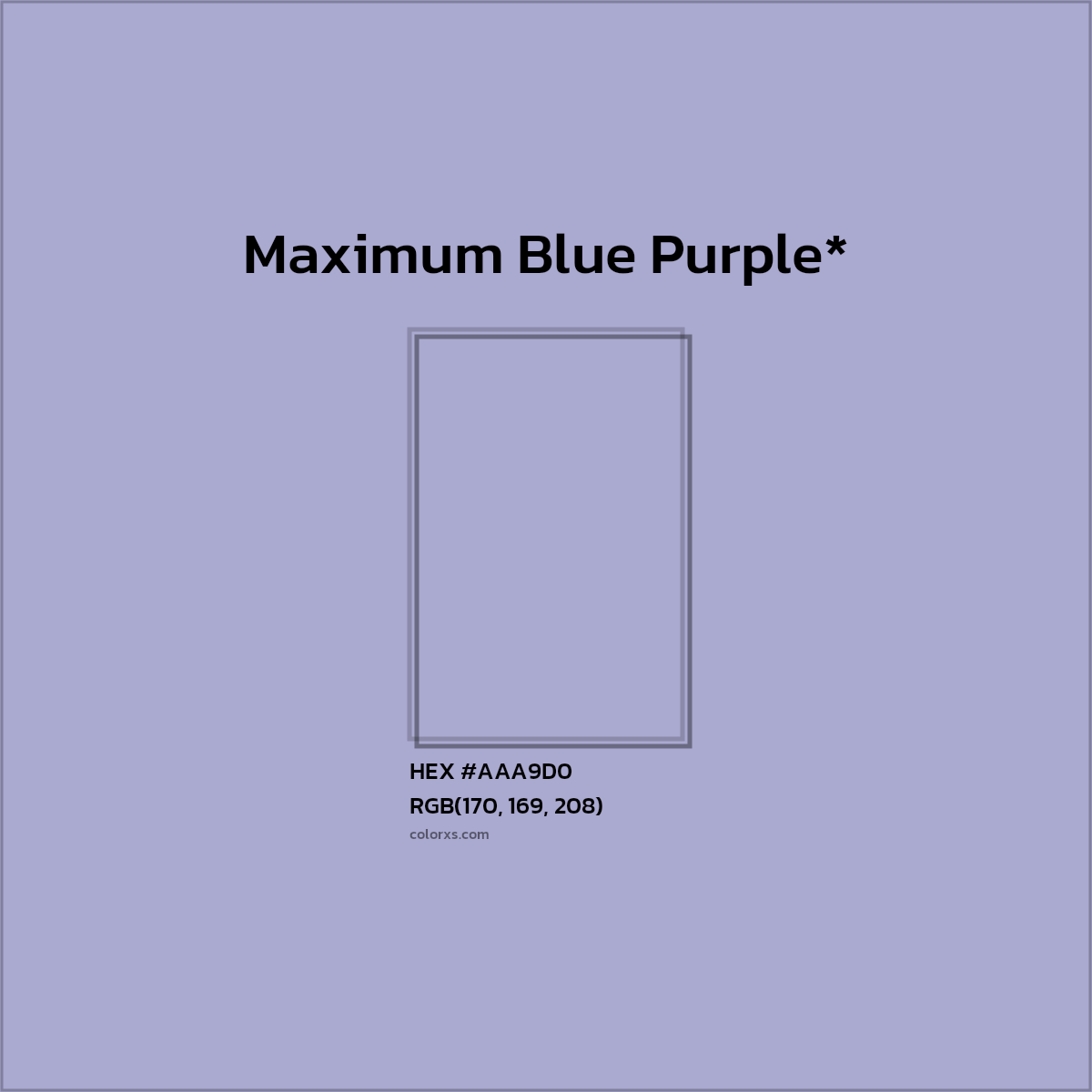 #AAA9D0 hex color. RGB, RYB, CMYK, HSL, HSV codes and color conversions. Matching color names, palettes, paints.