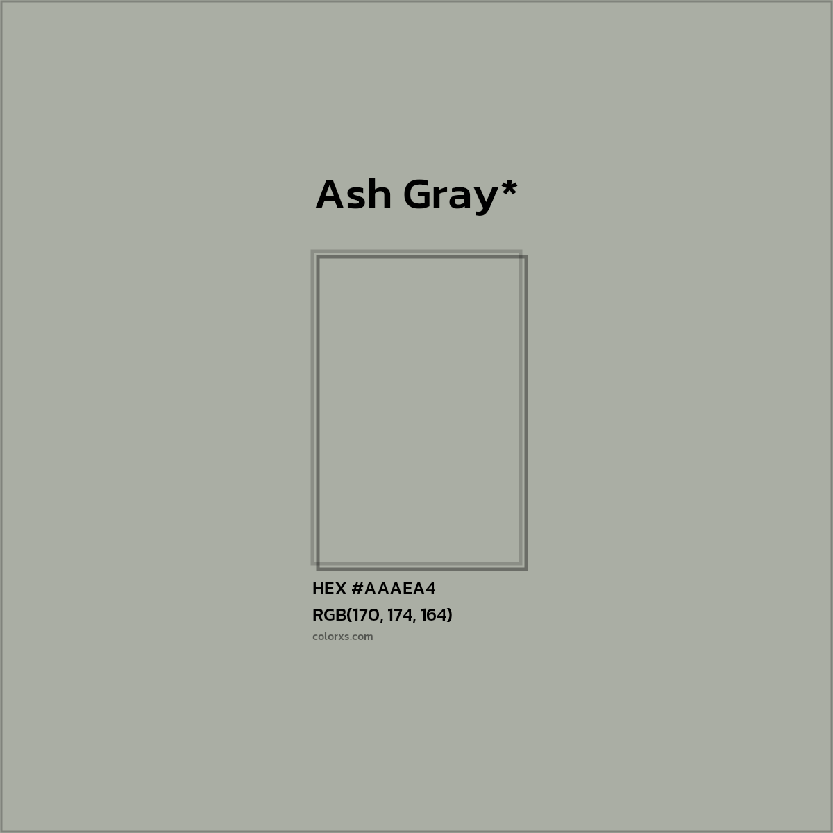 #AAAEA4 hex color. RGB, RYB, CMYK, HSL, HSV codes and color conversions. Matching color names, palettes, paints.
