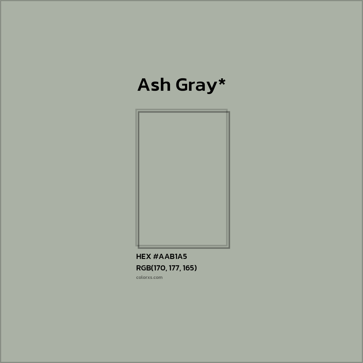 #AAB1A5 hex color. RGB, RYB, CMYK, HSL, HSV codes and color conversions. Matching color names, palettes, paints.