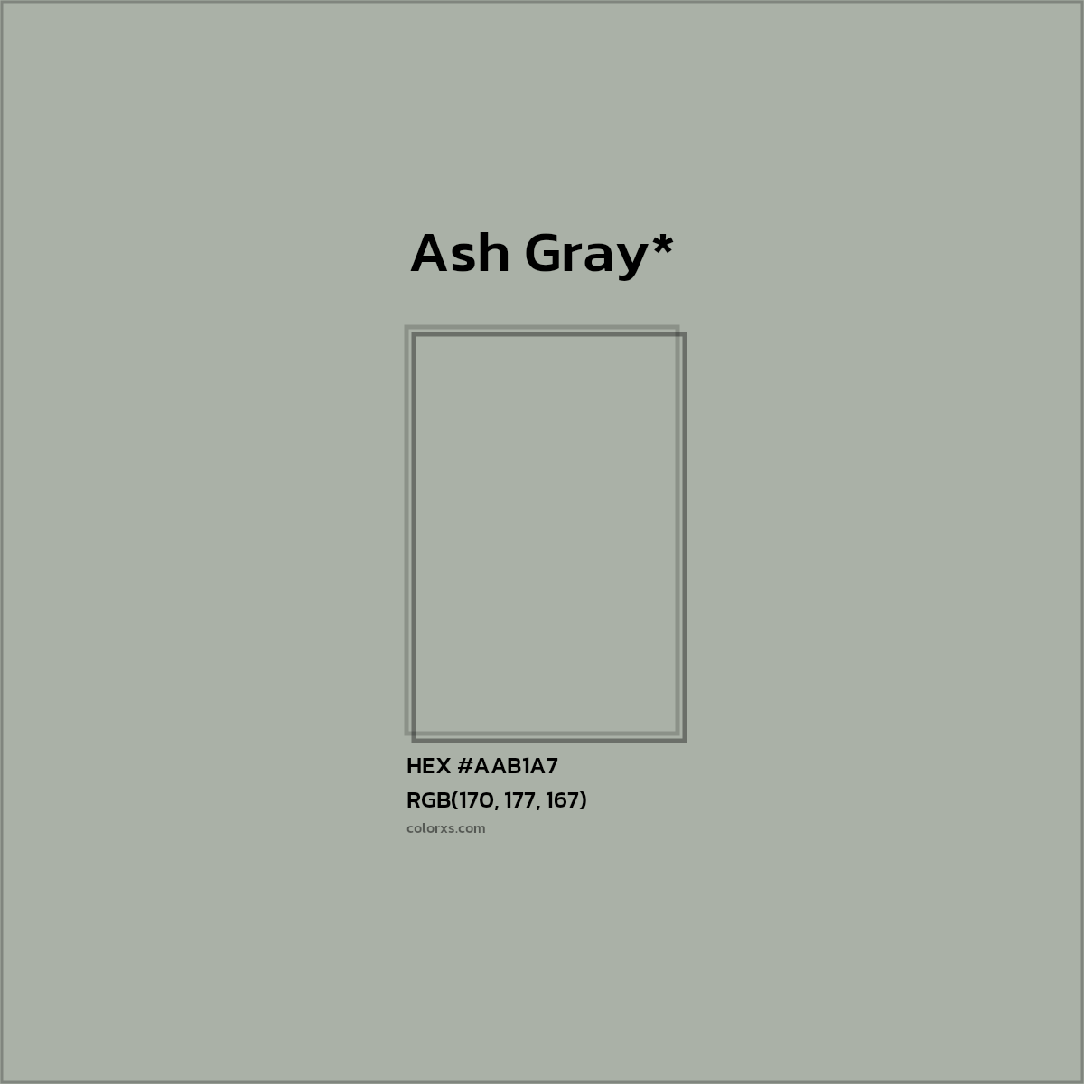 #AAB1A7 hex color. RGB, RYB, CMYK, HSL, HSV codes and color conversions. Matching color names, palettes, paints.