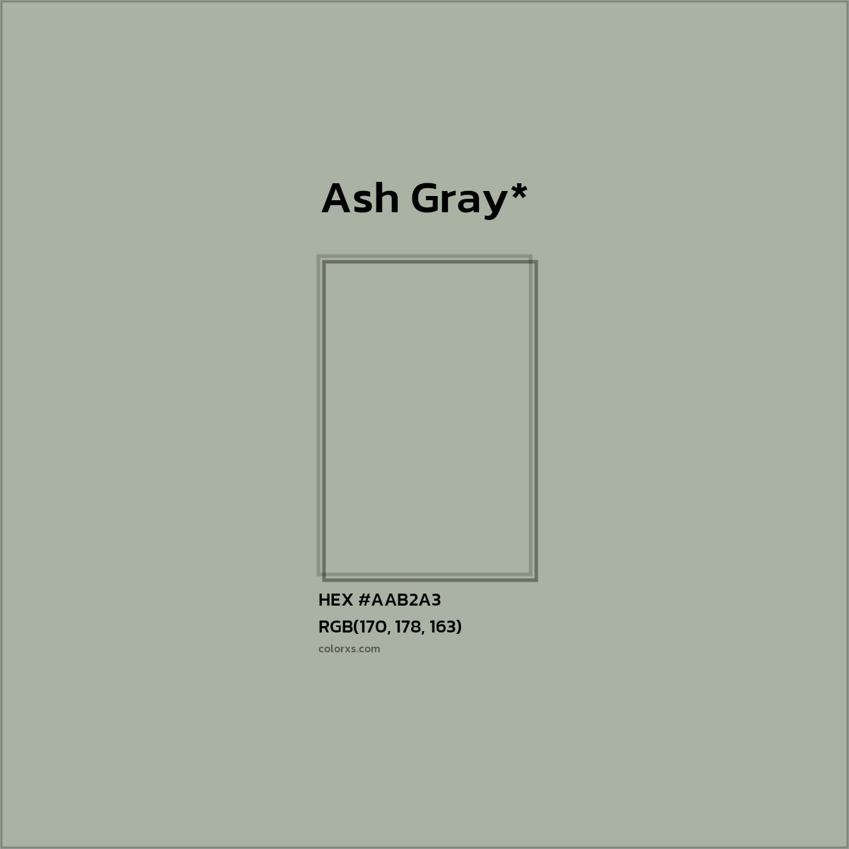 #AAB2A3 hex color. RGB, RYB, CMYK, HSL, HSV codes and color conversions. Matching color names, palettes, paints.