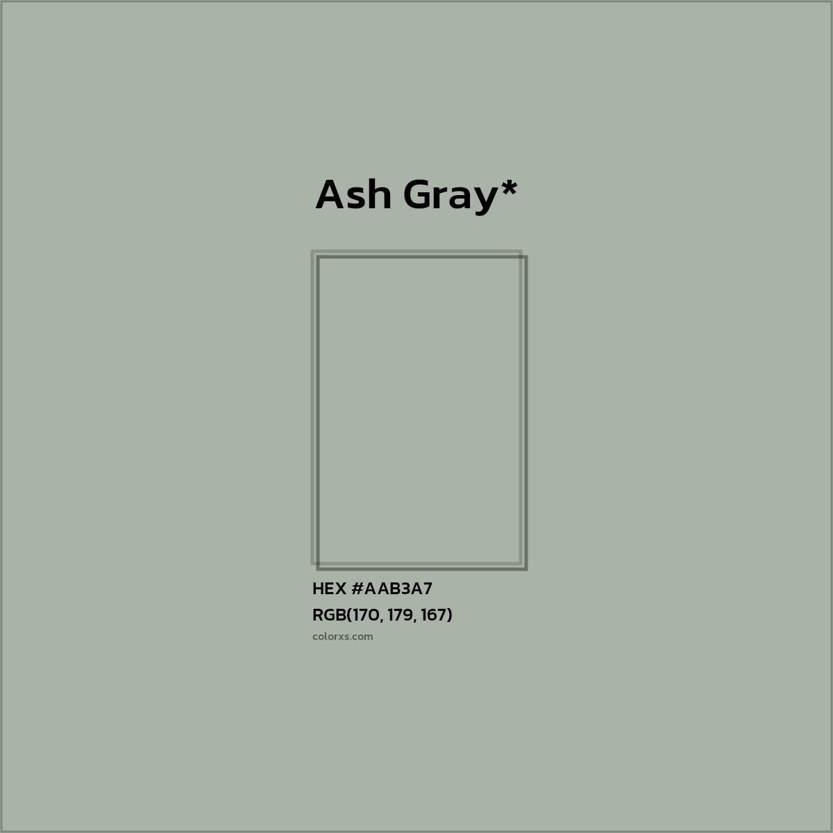 #AAB3A7 hex color. RGB, RYB, CMYK, HSL, HSV codes and color conversions. Matching color names, palettes, paints.