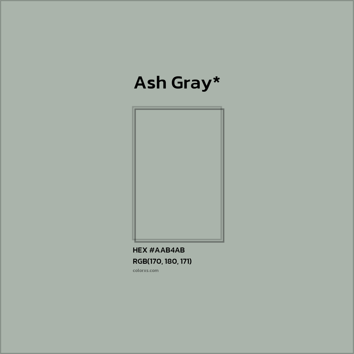 #AAB4AB hex color. RGB, RYB, CMYK, HSL, HSV codes and color conversions. Matching color names, palettes, paints.
