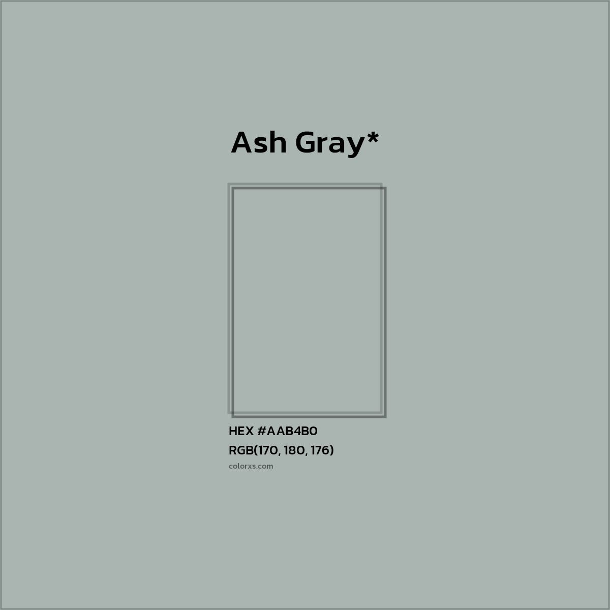 #AAB4B0 hex color. RGB, RYB, CMYK, HSL, HSV codes and color conversions. Matching color names, palettes, paints.
