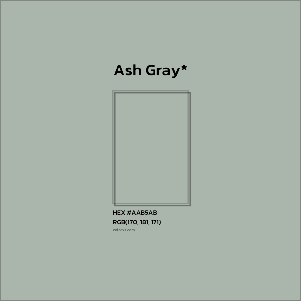 #AAB5AB hex color. RGB, RYB, CMYK, HSL, HSV codes and color conversions. Matching color names, palettes, paints.