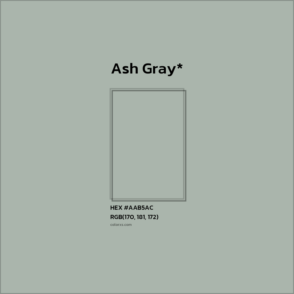 #AAB5AC hex color. RGB, RYB, CMYK, HSL, HSV codes and color conversions. Matching color names, palettes, paints.