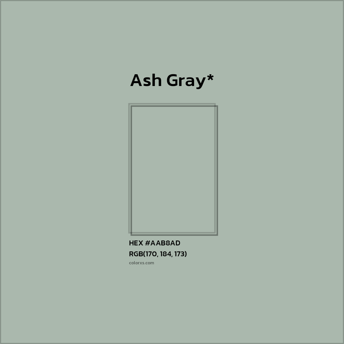 #AAB8AD hex color. RGB, RYB, CMYK, HSL, HSV codes and color conversions. Matching color names, palettes, paints.