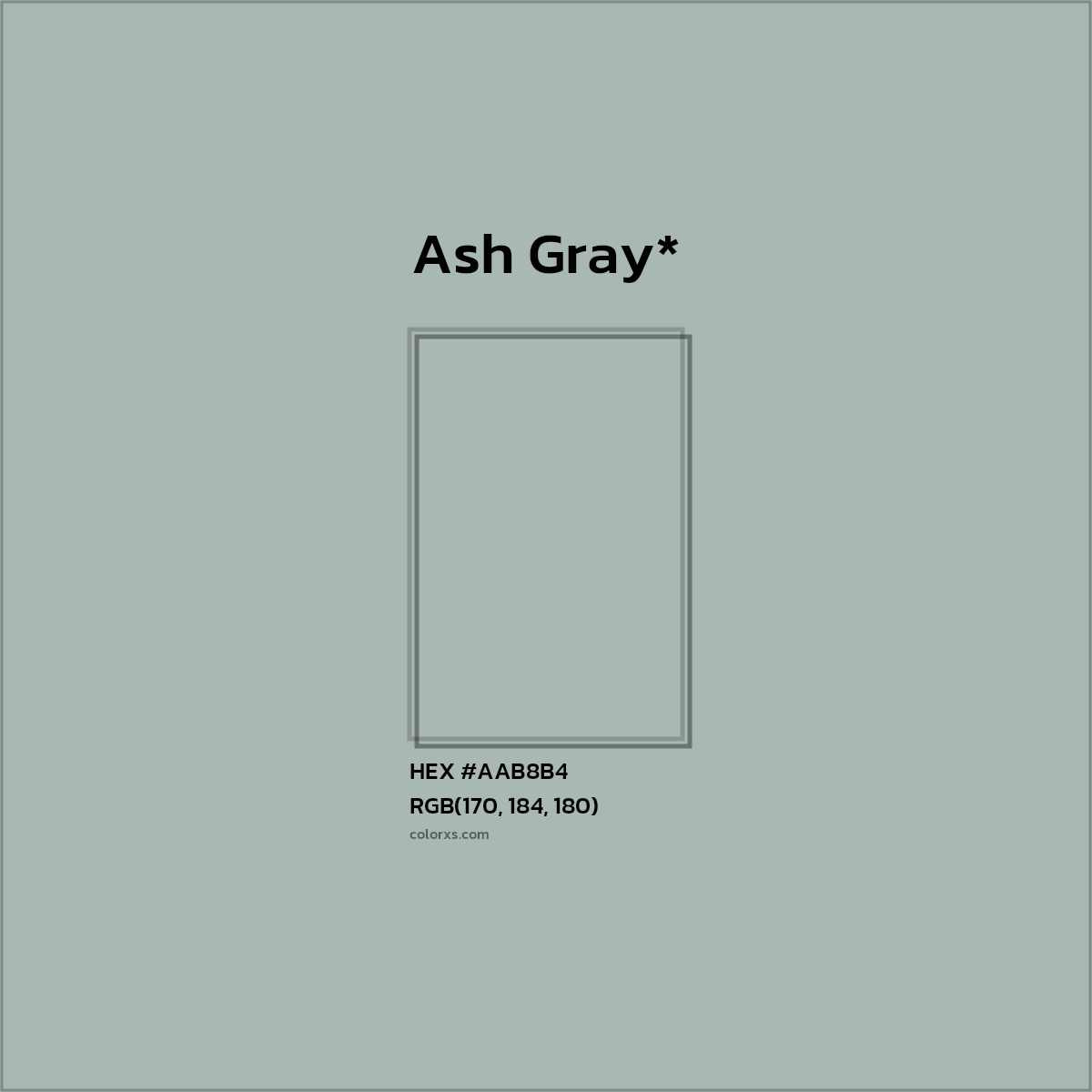 #AAB8B4 hex color. RGB, RYB, CMYK, HSL, HSV codes and color conversions. Matching color names, palettes, paints.