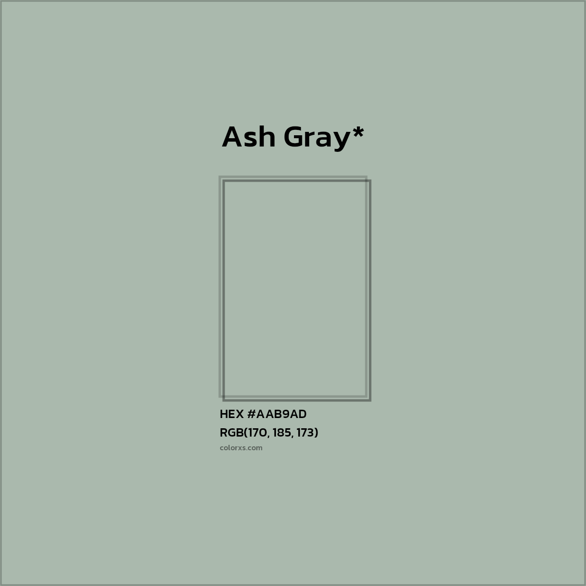#AAB9AD hex color. RGB, RYB, CMYK, HSL, HSV codes and color conversions. Matching color names, palettes, paints.